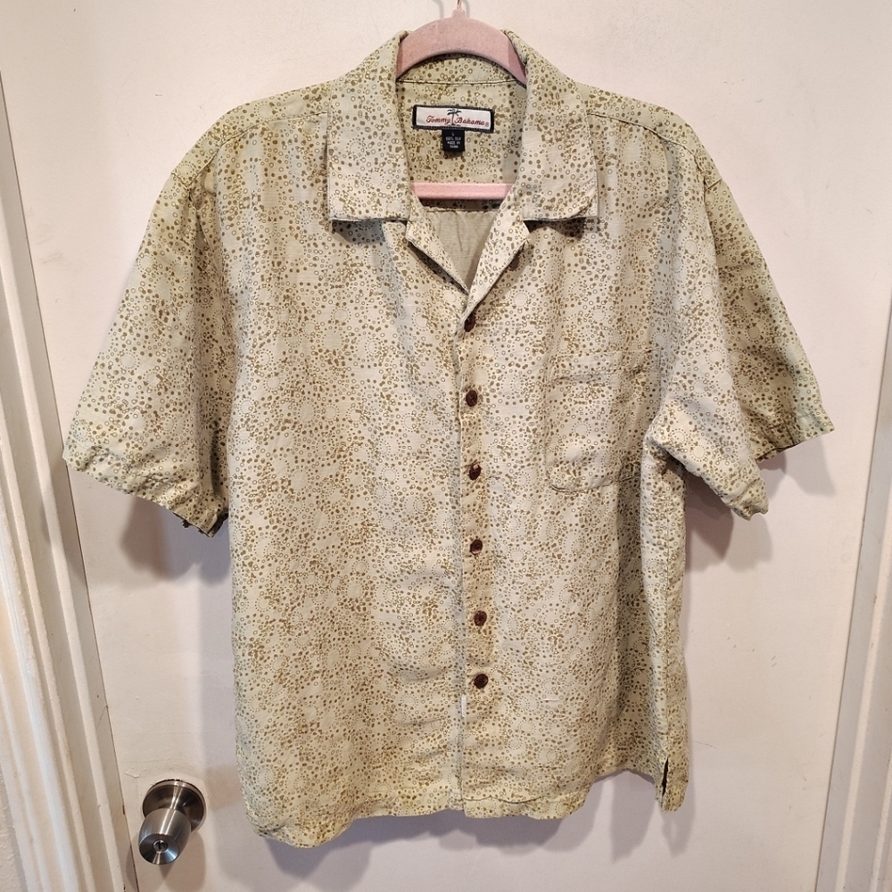 Tommy Bahama Men's Green Printed 100% Silk Button Down Casual Shirt Sz L Resort